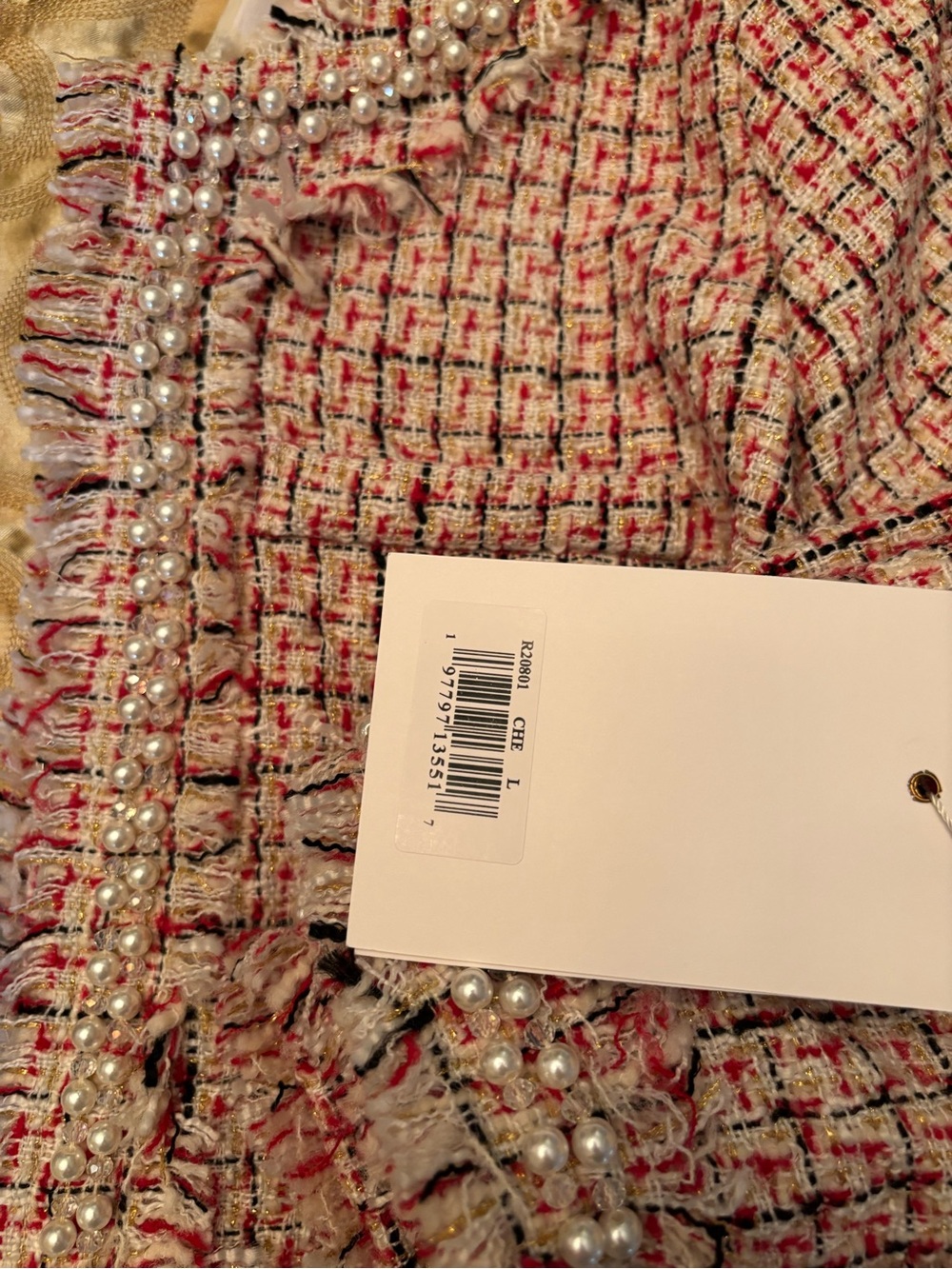 NWT Mac Duggal Multicolor Pearl Trim Tweed Long Sleeve Cropped Blazer L - Picture 5 of 6